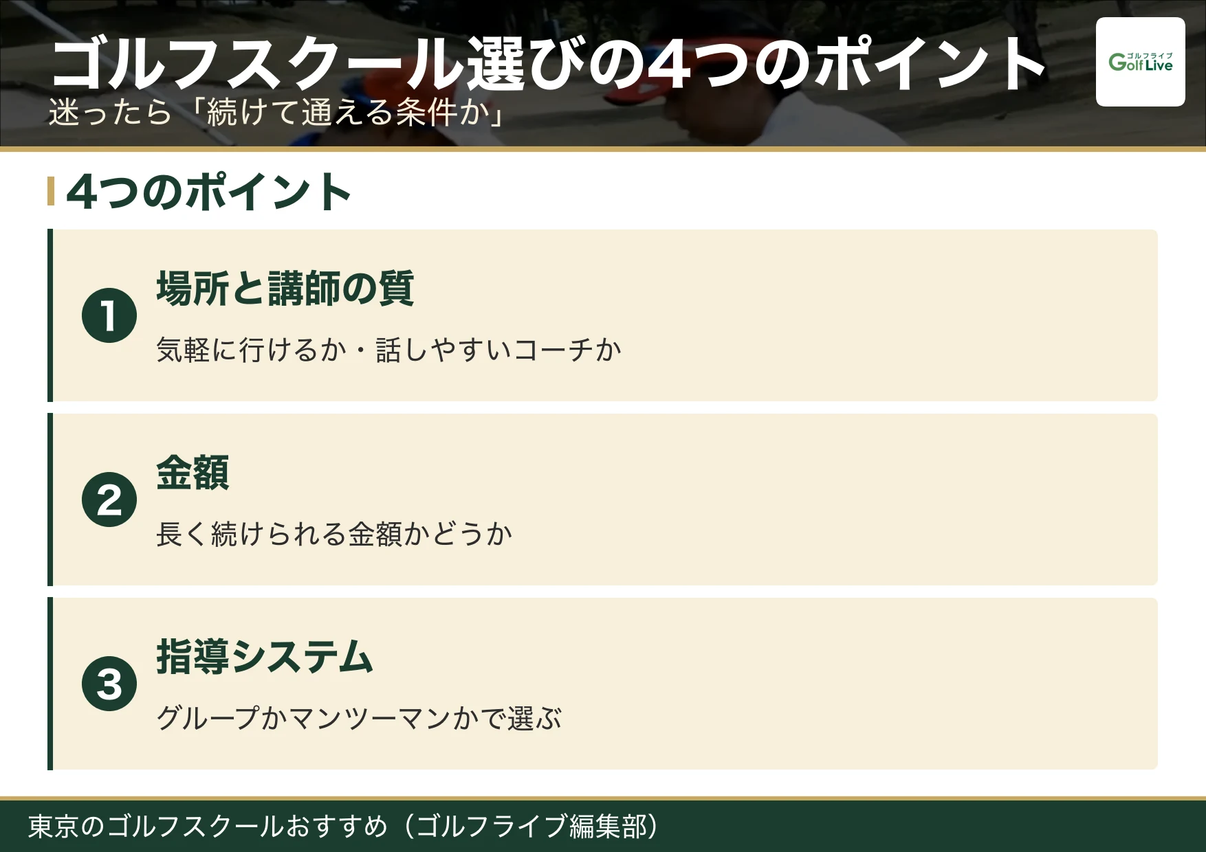 ゴルフスクール選びの4つのポイントの特徴（東京 ゴルフスクール おすすめ）